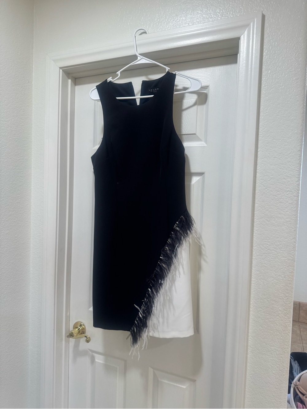 Laundry By Shelli Segal Black and White Feather-Trim Asymmetrical Sheath Dress
